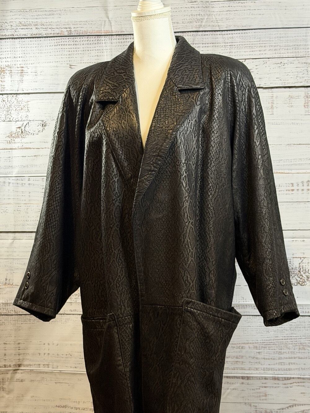 Vintage Vakko Snakeskin-Embossed Leather Oversized Coat — Size S, Made in USA